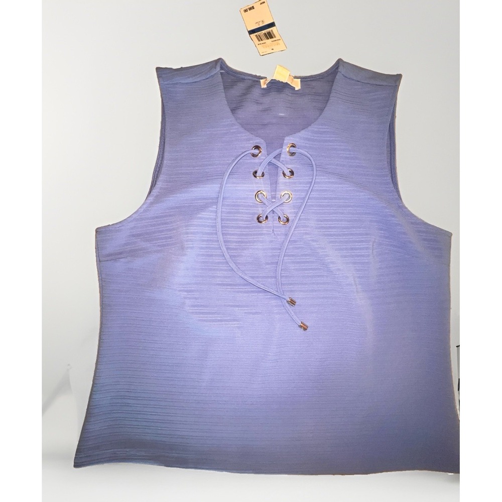 Michael Kors Sleeveless Top Front Lace-up Gold Hardware Crew Blue Size XL NWT